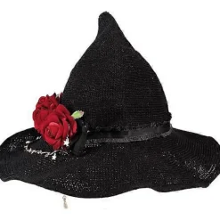 Mørk roman Gotisk Sort Strikket Heksehat med Rose til Kvinder Piger Bred Skygge Spids Moderne Troldmandshat til Halloween (Heksehat med Rød Rose)
