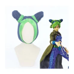 Mørkeblå Cyan Blandet Farve Dobbelt Knold Fletning Pandehår Cosplay Paryk Anime Pige - Jojo's Bizarre Adventure Paryk til Comic Con - Grøn