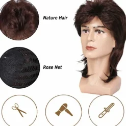 Mullet parykker til mænd 70'er 80'er kostume kostumer mænd brun fancy fest tilbehør cosplay hår paryk, CJY