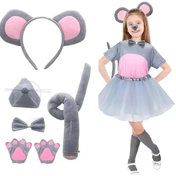 Mus Kostume Sæt Musøre Pandebånd Hale Næse Sløjfe Håndsko Sæt Cosplay Kostume Tilbehør til Halloween Julefester