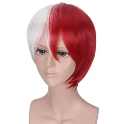 My Hero Academia Todoroki Shoto Cosplay Hvid Rød Kort Paryk Med Pandehår