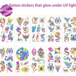 Neon Midlertidige Tatoveringer 10 Ark Drage Skorpion Glitter Tatoveringsklistermærker