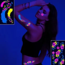 Neon Midlertidige Tatoveringer, Selvlysende I UV Neon Tatoverings Klistermærker, Blomster Sommerfugl Fjer Farverige Falske Vandtætte Tatoveringer til Piger Fest Dekoration | Fyndiq