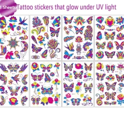 Neon Midlertidige Tatoveringer, 8 Ark Sommerfugl Blomst Sval Glitter Tatoveringer Klistermærker 100+ Blandet Stil