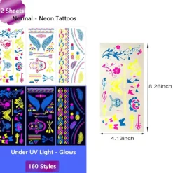 Neon Midlertidige Tatoveringer, Selvlysende UV Neon Tatoveringsmærkater, Vandtætte Tatoveringer til Voksne Børn Festdekoration