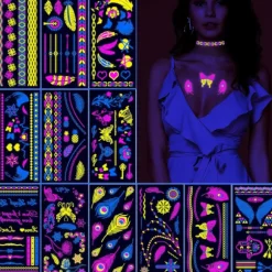 Neon Midlertidige Tatoveringer, Selvlysende UV Neon Tatoveringsmærkater, Vandtætte Tatoveringer til Voksne Børn Festdekoration