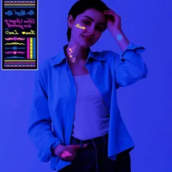 Neon Midlertidige Tatoveringer, Selvlysende UV Neon Tatoveringsmærkater, Vandtætte Tatoveringer til Voksne Børn Festdekoration