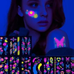Neon midlertidige tatoveringer lyser i UV-neon tatoveringsklistermærker blomster sommerfuglfjer farverige falske vandtætte tatoveringer til pigefestdekoration | Fyndiq