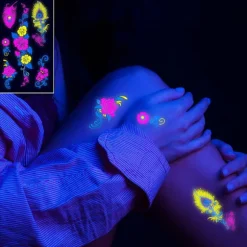 Neon midlertidige tatoveringer lyser i UV-neon tatoveringsklistermærker blomster sommerfuglfjer farverige falske vandtætte tatoveringer til pigefestdekoration | Fyndiq
