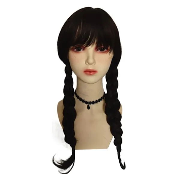 Onsdag Addams Family Wig Cosplay Long Black Braids Hair Prop Z