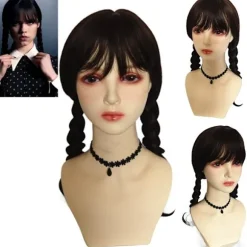 Onsdag Addams Family Wig Cosplay Long Black Braids Hair Prop Z