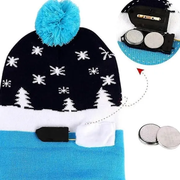 OurWarm Lysende Julehue, LED Julehue Unisex Strikket Hue Feriehue til Julefest Blue