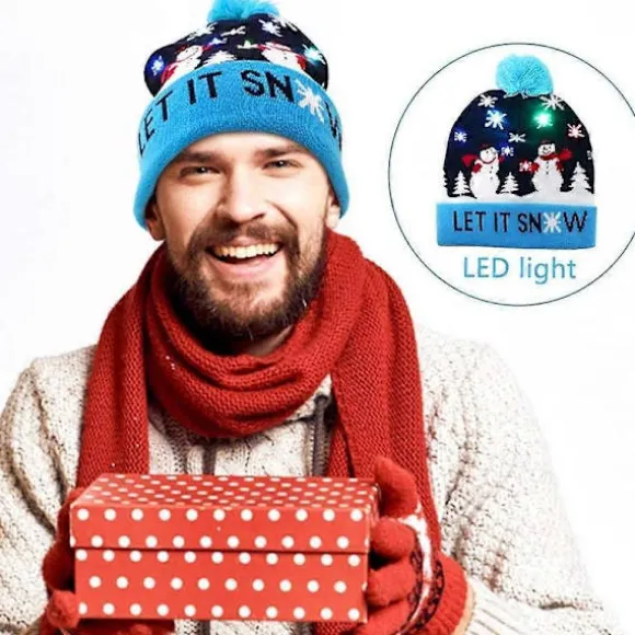 OurWarm Lysende Julehue, LED Julehue Unisex Strikket Hue Feriehue til Julefest Blue