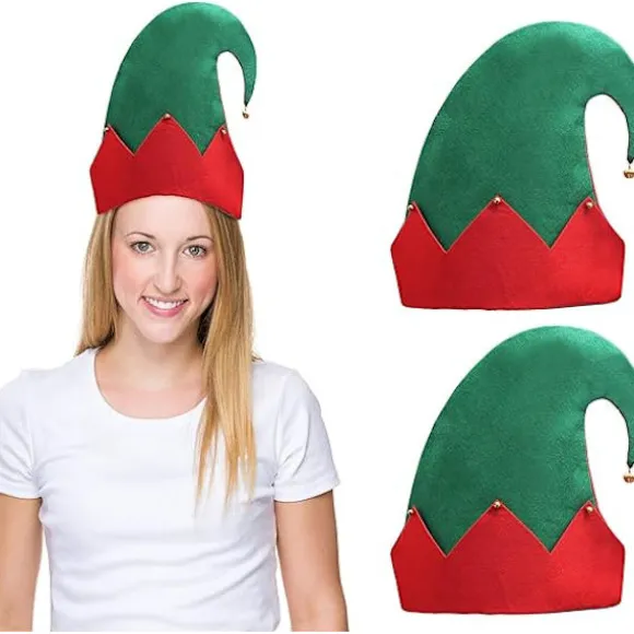 3-pak Jule Elf Hue med Klokker - 28 x 27 cm Grøn Filthat med Rødt Zig Zag/Stribet Design til Voksne