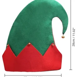 3-pak Jule Elf Hue med Klokker - 28 x 27 cm Grøn Filthat med Rødt Zig Zag/Stribet Design til Voksne