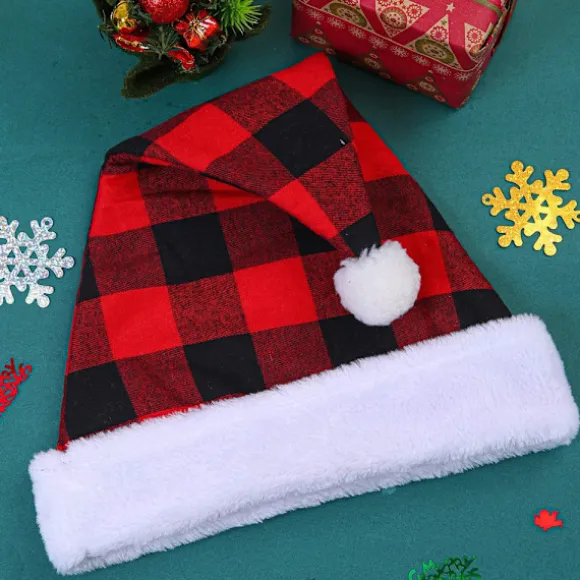3-pak Julemandshattern Plaid Julemandshat Plys Hat til Julekostumefest og Feriebegivenhed black red grid