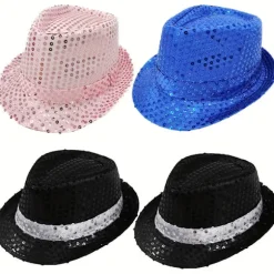 4-pak pailletkasket Unisex Western Dance Jazz Hat Glitrende Disco Hat til Halloween-fest 4Pcs