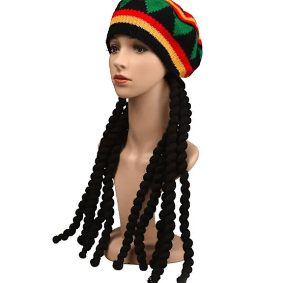 2-pak Rasta Hat med Sorte Dreadlocks Bob Marley Dreadlocks Paryk med Rasta Tam Hat Fancy Dress Rasta Paryk Hætte