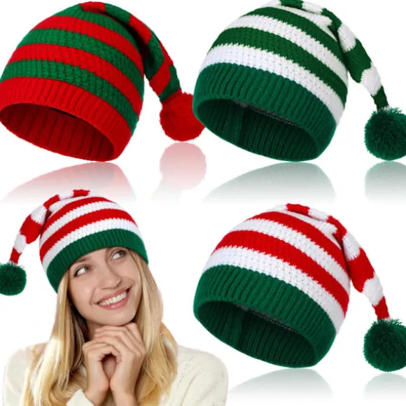 3-pak Strikket Julemandshattesæt, Festlig Elverhue med Hæklet Design til Julefester og Familiesammenkomster, Klassisk Stil. Classic Style