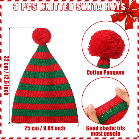 3-pak Strikket Julemandshattesæt, Festlig Elverhue med Hæklet Design til Julefester og Familiesammenkomster, Klassisk Stil. Classic Style