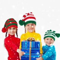 3-pak Strikket Julemandshattesæt, Festlig Elverhue med Hæklet Design til Julefester og Familiesammenkomster, Klassisk Stil. Classic Style