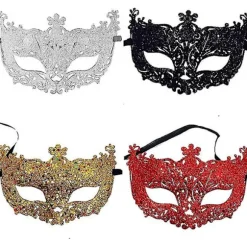 Pakke med 4 venetianske masker, maskebalmasker, karnevalsfestmasker, glitrende festmasker
