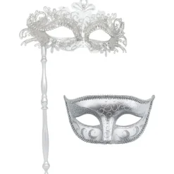 Par Maskerade Masker med Holdestang - Venetiansk Halloween Kostume