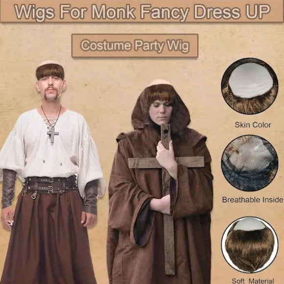 Paryk Kort Glat Hår, Munk Udklædning Skålklip Sjov Kostumeparyk Skaldet Hætte med Brun Munkeklipning, Herre Fest Halloween Gammel Mand Cosplay