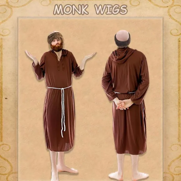 Paryk Kort Glat Hår, Munk Udklædning Skålklip Sjov Kostumeparyk Skaldet Hætte med Brun Munkeklipning, Herre Fest Halloween Gammel Mand Cosplay