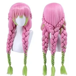 Paryk til Kanroji Mitsuri Cosplay til Demon Slayer Grøn og Pink Langt Glat Br