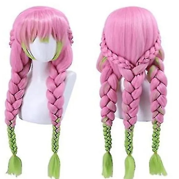 Paryk til Kanroji Mitsuri Cosplay fra Demon Slayer Grøn og Rosa Lang Lige Br (YJD)
