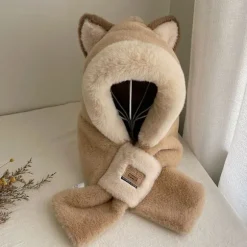 Plush Hættetrøje Sjal Kostume Hatte, Dyr Hat Vinter Hat Sjal Sæt khaki