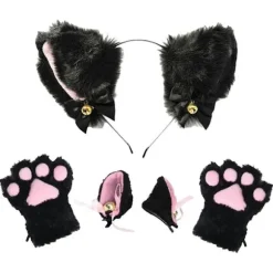 Plys Pandebånd og Handsker Sæt Hovedbeklædning med Butterfly Sløjfe Klokke Festkostume Fancy 3PCS