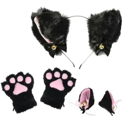 Plys Pandebånd og Handsker Sæt Hovedbeklædning med Butterfly Sløjfe Klokke Festkostume Fancy 3PCS