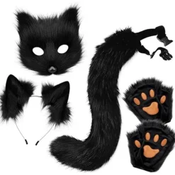Plysmask med rævehale og ører sæt, kattehale rævekostume cosplay kostume med katteører og potehandsker halloween cosplay sort og hvid black and white | Fyndiq