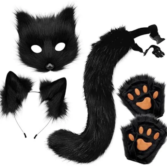 Plysmask med rævehale og ører sæt, kattehale rævekostume cosplay kostume med katteører og potehandsker halloween cosplay sort og hvid black and white | Fyndiq