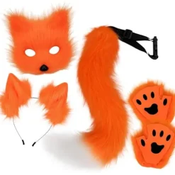 Plysmaske med rævehale og ører sæt, kattehale rævekostume cosplay kostume med katteører og potehandsker halloween cosplay orange_max orange
