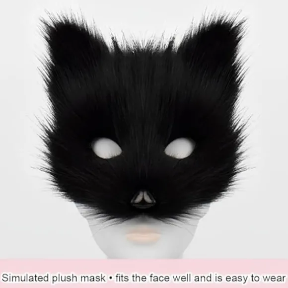 Plysmaske med rævehale og øresæt, kattehale rævekostume cosplay kostume med katteører og potehandsker halloween cosplay sort og hvid black and white | Fyndiq