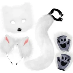 Plysmaske med rævehale og ører sæt, kattehale rævekostume cosplay kostume med katteører og potehandsker halloween cosplay hvid white
