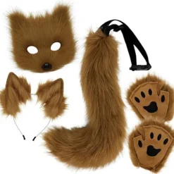 Plysmaske med rævehale og ører sæt, kattehale rævekostume cosplay kostume med katteører og potehandsker halloween cosplay brun brown