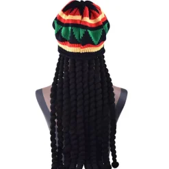 Rasta Dreadlock Hat med Fletninger - Jamaicansk Reggae Kasket - Cosplay Dreadlocks Hue til Halloween Kostume