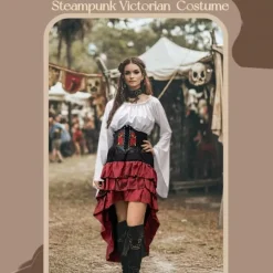 Renaissance Pirat Kostumesæt til Kvinder - Off - Shoulder Klokke - Ærme Skjorte, Flæse Høj - Lav Nederdel, Korset Taljebælte til Hallowe White+red S | Fyndiq