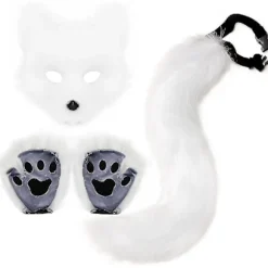Rion Faux Pels Ræv Hale Kat Ulv Cosplay Kostume Sæt Plys Maske Fluffy Pote Handsker Halloween Jul White