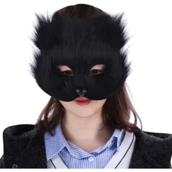 Rævemaske Halloween Cosplay Maske Halvt Ansigt Slør Øjenmaske Lodden Ræve Kostume Tilbehør Dyrefest Kattemasker Black
