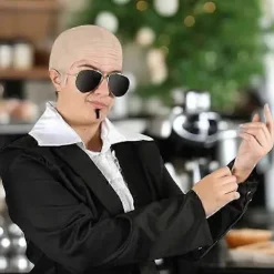 RY*Mr Worldwide Skaldet Hætte & Solbriller Sæt, Kendisikon Udklædning Pitbull Kostume Tilbehør Sæt, 3 stk, A