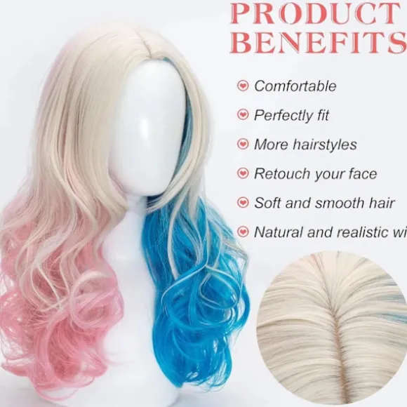Saint Rayleigh Harley Quinn Paryk Kvinde Lang Cosplay Paryk Skurk Quinn Paryk Cosplay Paryk Blond Blå Pink Karneval Halloween Karneval Fest