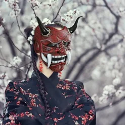 Samurai Hannya Oni Latex Maske Japansk Skræmmende Monster Kabuki Samurai Dæmon Hovedbeklædning Halloween Maskerade Cosplay Fest Kostume Rekvisitter