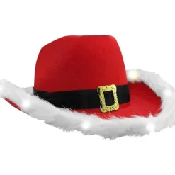 Santa Cowboy Hat med Hvid Kant og Fjer Trim Western Julehat Ferie