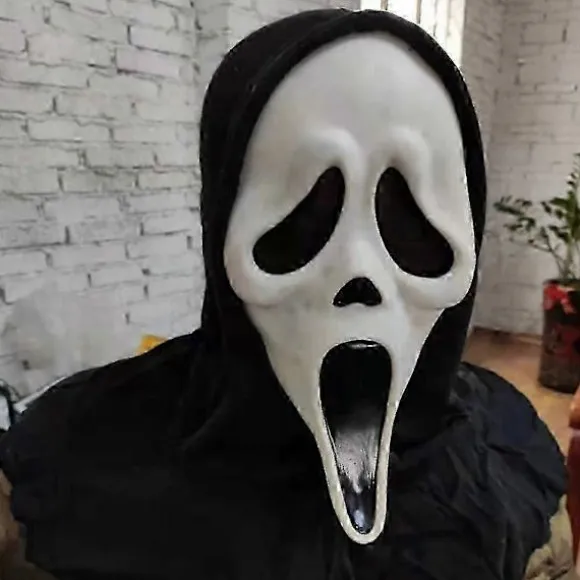 Scream Maske Med Sort Hætte Spøgelse Ansigt Halloween Udklædningstilbehør