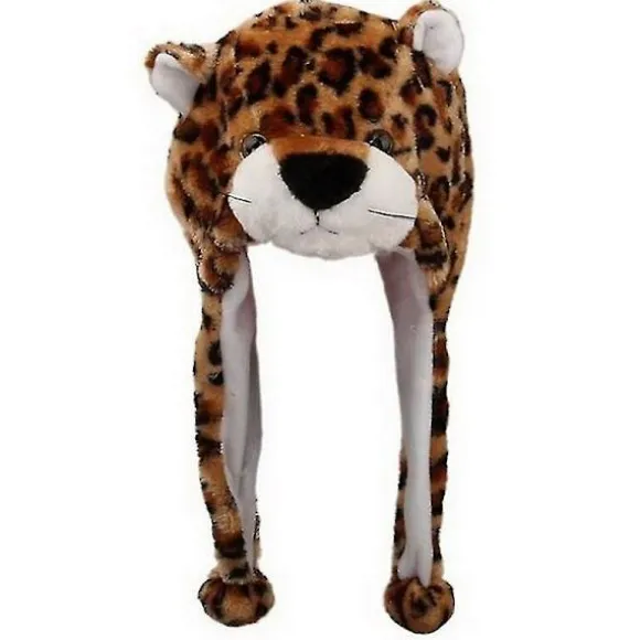 Sød plysdyr karakter hue til voksne og børn med pompon-ender, lange stropper, sjovt plysdyr med øreklapper til cosplay Leopard